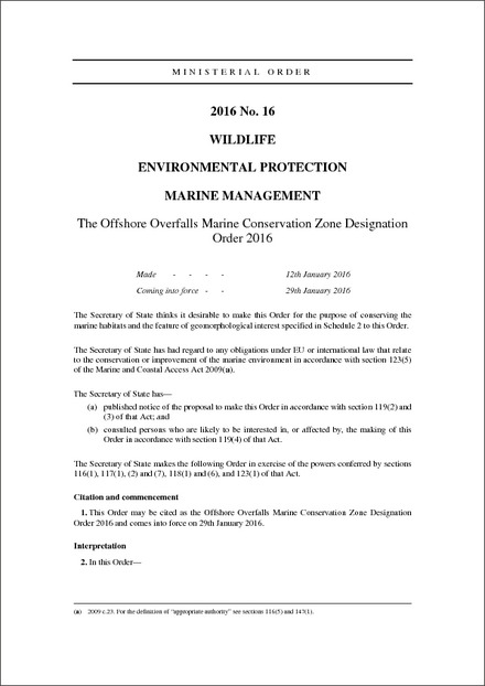 The Offshore Overfalls Marine Conservation Zone Designation Order 2016