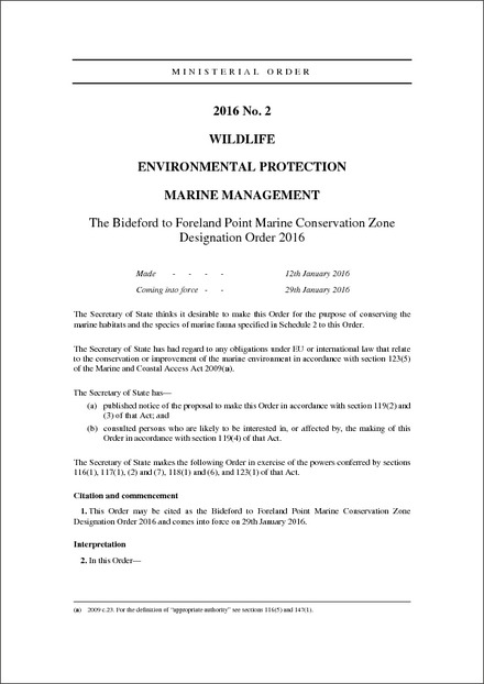 The Bideford to Foreland Point Marine Conservation Zone Designation Order 2016