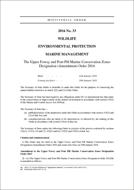The Upper Fowey and Pont Pill Marine Conservation Zones Designation (Amendment) Order 2016