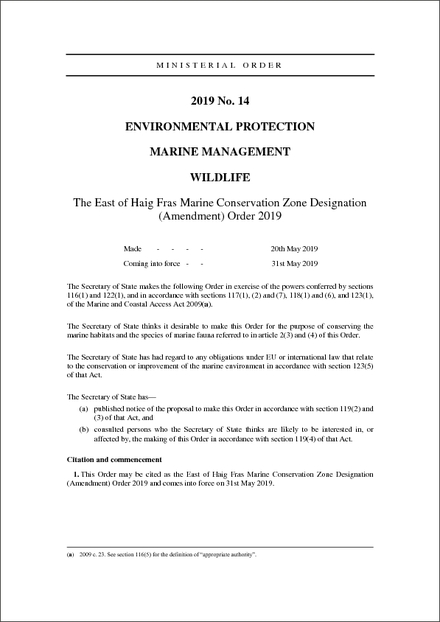 The East of Haig Fras Marine Conservation Zone Designation (Amendment) Order 2019