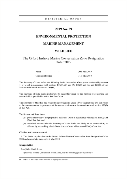 The Orford Inshore Marine Conservation Zone Designation Order 2019