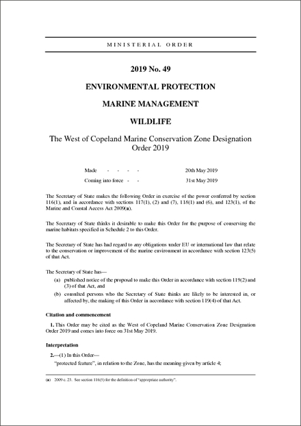 The West of Copeland Marine Conservation Zone Designation Order 2019