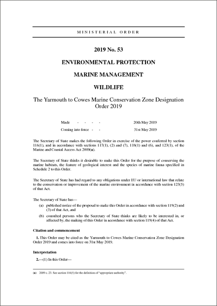 The Yarmouth to Cowes Marine Conservation Zone Designation Order 2019
