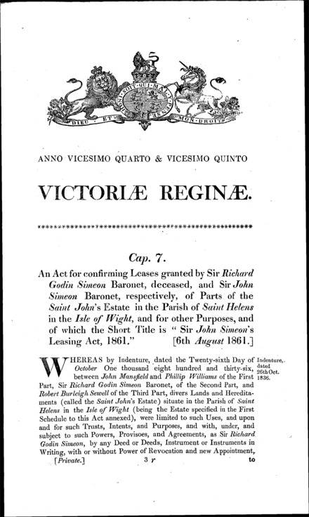 Sir John Simeon's Leasing Act 1861