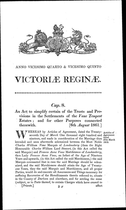 The Vane Tempest Estate Act 1861