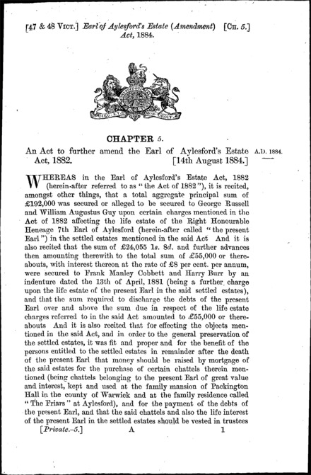 Earl of Aylesford's Estate (Amendment) Act 1884