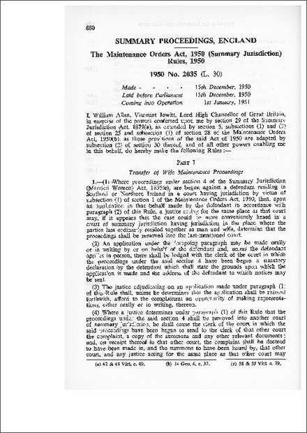 The Maintenance Orders Act, 1950 (Summary Jurisdiction) Rules, 1950