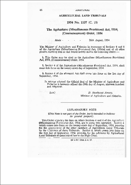 The Agriculture (Miscellaneous Provisions) Act,1954, (Commencement) Order,1954