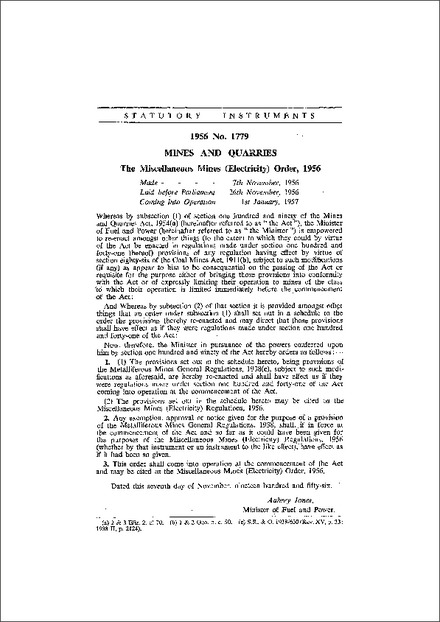 The Miscellaneous Mines (Electricity) Order 1956