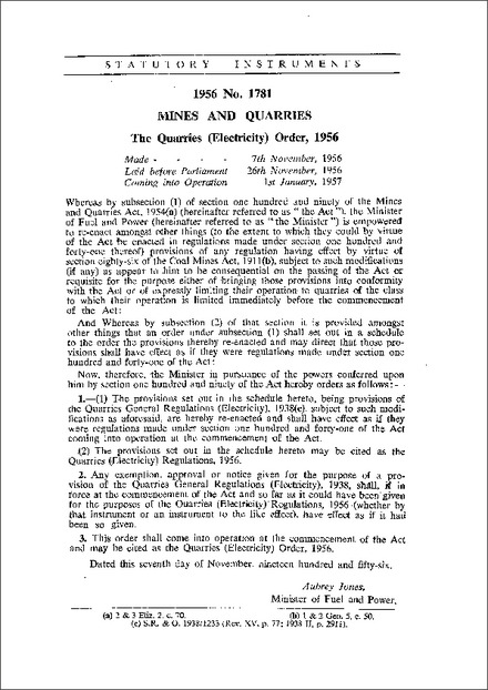 The Quarries (Electricity) Order 1956