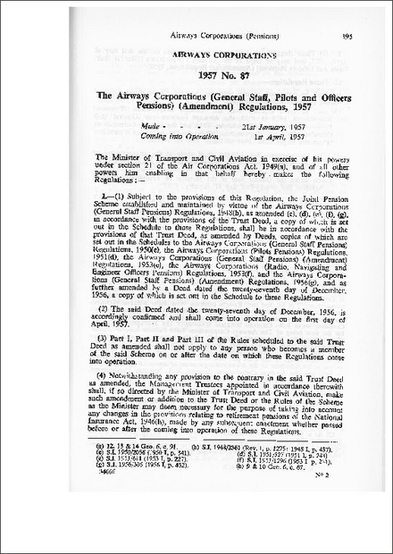 The Airways Corporations (General Stall, Pilots and Officers Pensions) (Amendment) Regulations,1957
