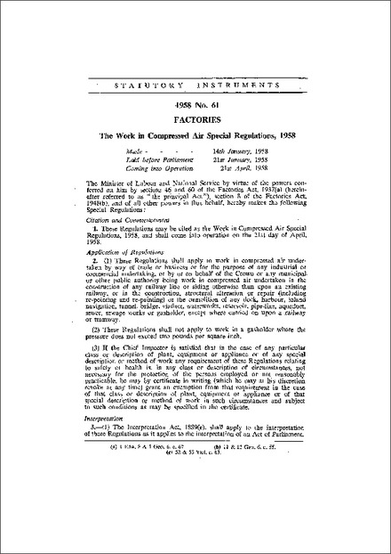 The Work in Compressed Air Special Regulations, 1958