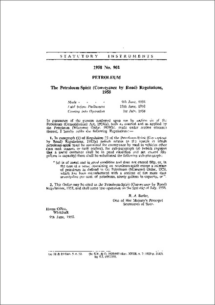 The Petroleum-Spirit (Conveyance by Road) Regulations, 1958
