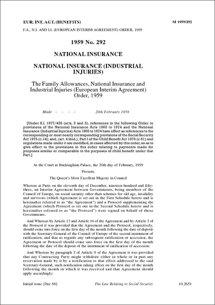 The Family Allowances, National Insurance and Industrial Injuries (European Interim Agreement) Order, 1959