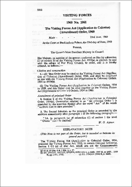 The Visiting Forces Act (Application to Colonies) (Amendment) Order,1960