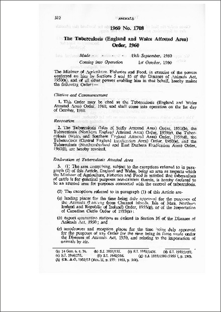 The Tuberculosis (England and Wales Attested Area) Order,1960