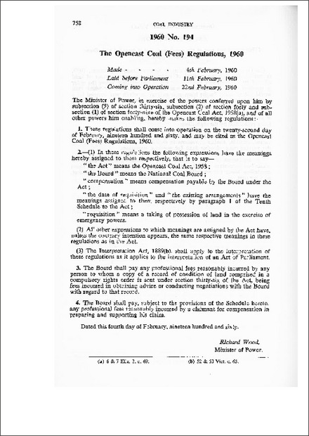 The Opencast Coal (Fees) Regulations,1960