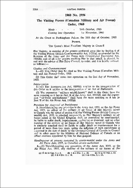 The Visiting Forces (Canadian Military and Air Forces) Order,1960