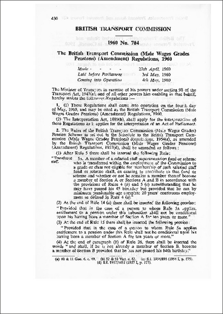 The British Transport Commission (Male Wages Grades Pensions) (Amendment) Regulations,1960