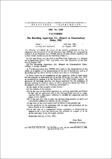The Breathing Apparatus, Etc. (Report on Examination) Order, 1961