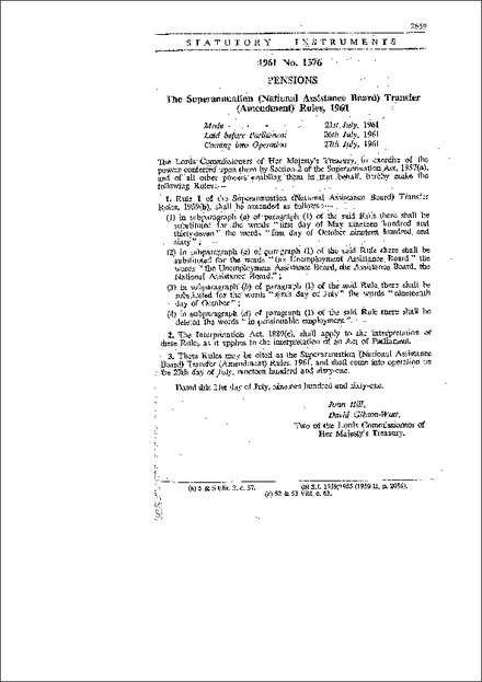 The Superannuation (National Assistance Board) Transfer (Amendment) Rules,1961