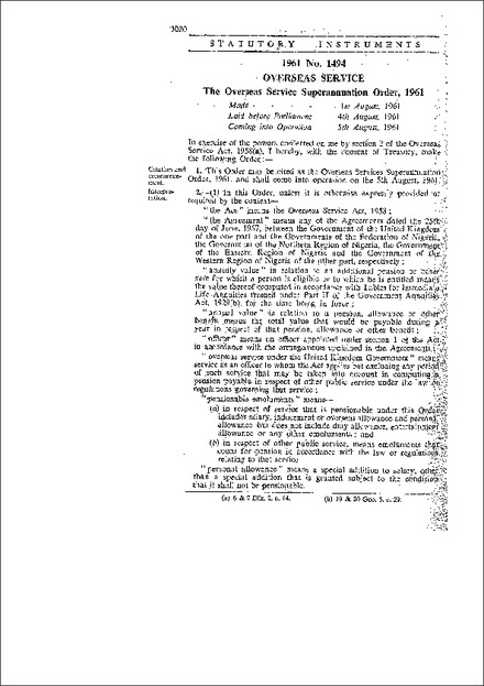 The Overseas Service Superannuation Order,1961