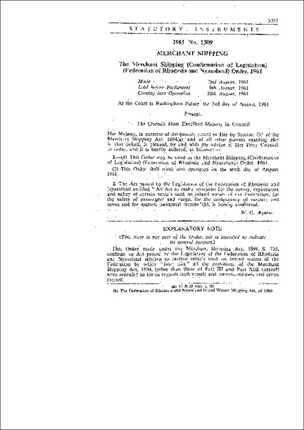 The Merchant Shipping (Confirmation of Legislation) (Federation of Rhodesia and Nyasaland) Order,1961