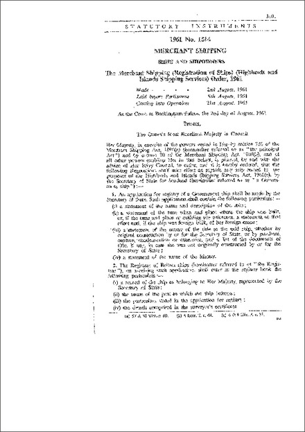 The Merchant Shipping (Registration of Ships) (Highlands and Islands Shipping Services) Order, 1961