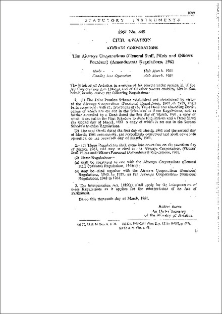 The Airways Corporations (General Staff, Pilots and Officers Pensions) (Amendment) Regulations, 1961