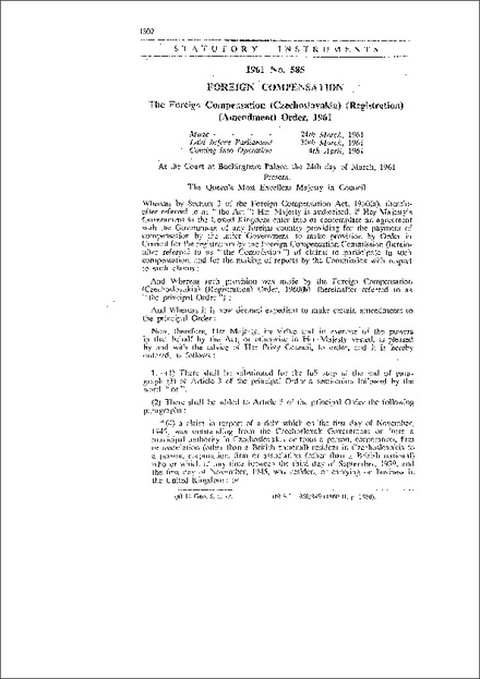 The Foreign Compensation (Czechoslovakia) (Registration) (Amendment) Order,1961