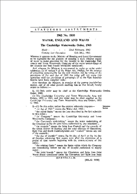 The Cambridge Waterworks Order, 1962