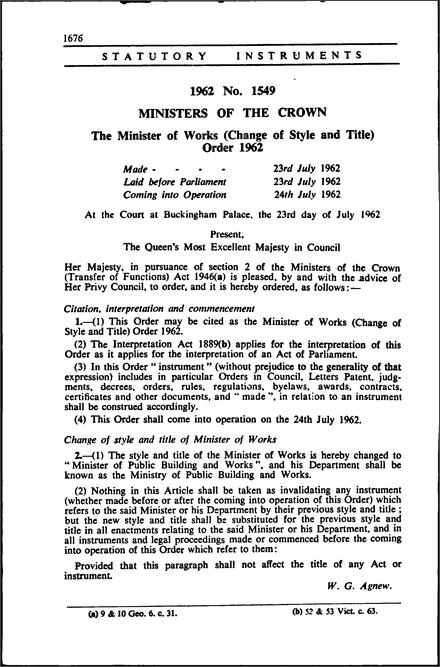 The Minister of Works (Change of Style and Title) Order 1962