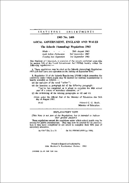 The Schools (Amending) Regulations 1963