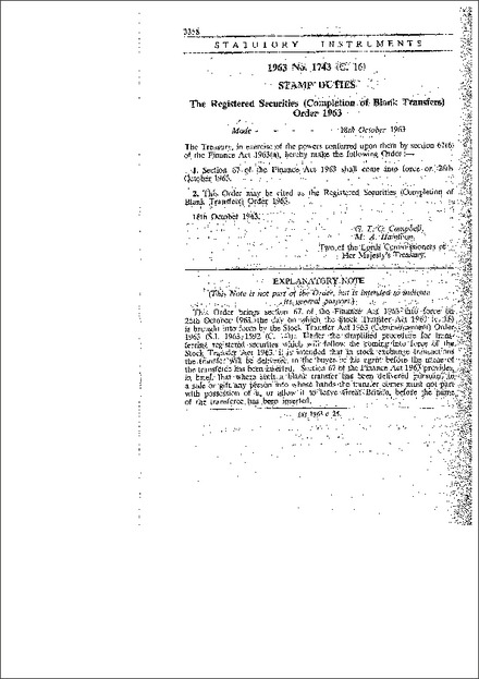 The Registered Securities (Completion of Blank Transfers) Order 1963
