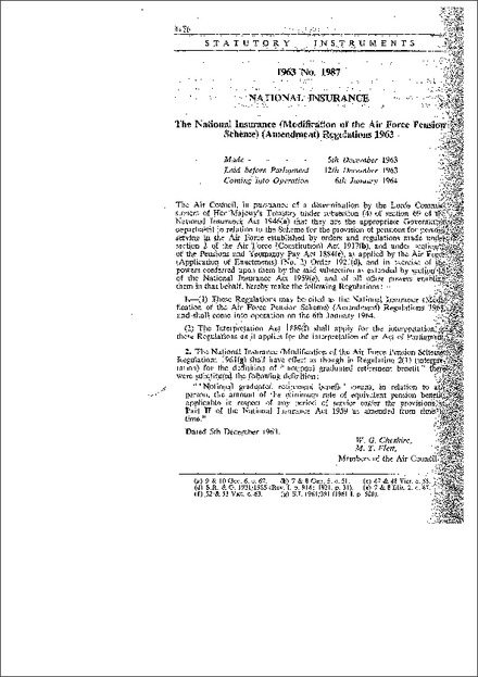 The National Insurance (Modification of the Air Force Pension Scheme) (Amendment) Regulations 1963