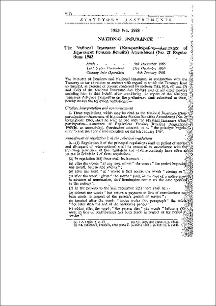 The National Insurance (Non-participation-Assurance of Equivalent Pension Benefits) Amendment (No.2) Regulations 1963