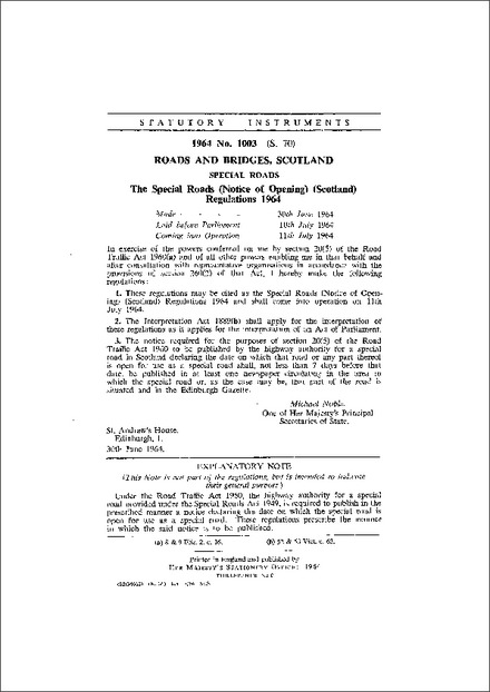 The Special Roads (Notice of Opening) (Scotland) Regulations 1964