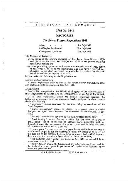 The Power Presses Regulations 1965