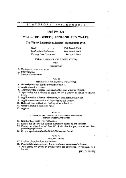 The Water Resources (Licences) Regulations 1965