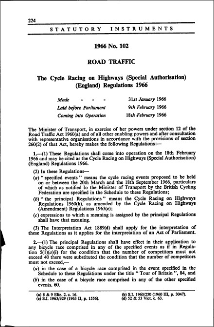 The Cycle Racing on Highways (Special Authorisation) (England) Regulations 1966