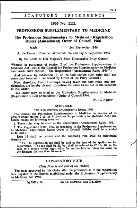The Professions Supplementary to Medicine (Registration Rules) (Amendment) Order of Council 1966
