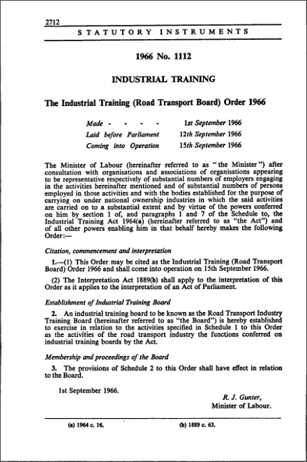 The Industrial Training (Road Transport Board) Order 1966