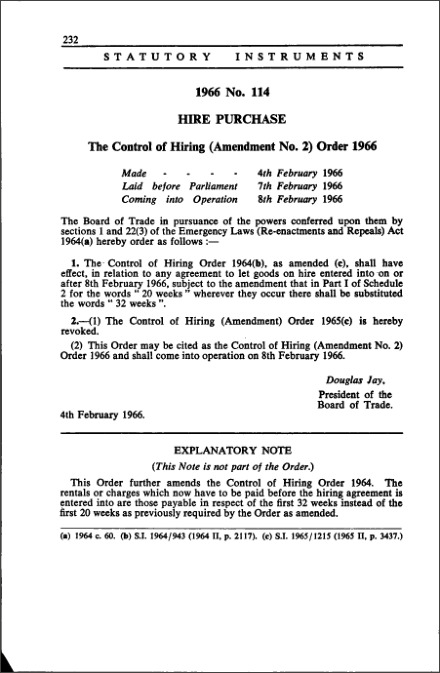 The Control of Hiring (Amendment No. 2) Order 1966