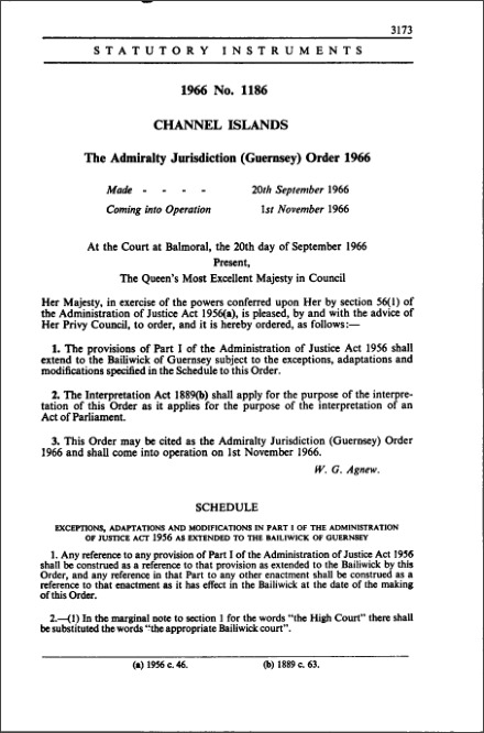 The Admiralty Jurisdiction (Guernsey) Order 1966
