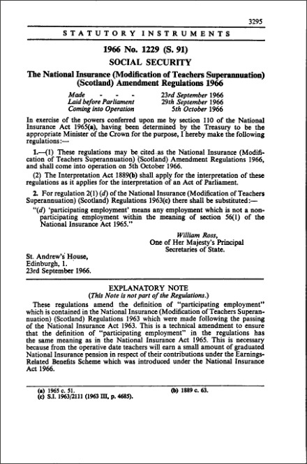 The National Insurance (Modification of Teachers Superannuation) (Scotland) Amendment Regulations 1966