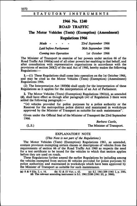 The Motor Vehicles (Tests) (Exemption) (Amendment) Regulations 1966