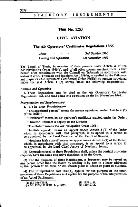 The Air Operators' Certificates Regulations 1966