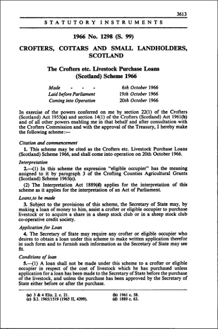 The Crofters etc. Livestock Purchase Loans (Scotland) Scheme 1966