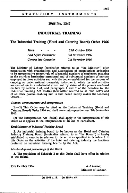 The Industrial Training (Hotel and Catering Board) Order 1966