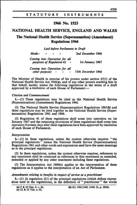 The National Health Service (Superannuation) (Amendment) Regulations 1966